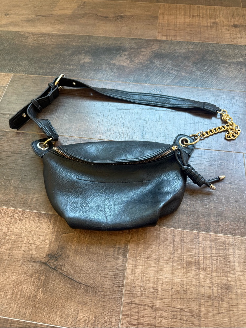 Black Leather Crossbody Belt Bag with Gold Chain Accent